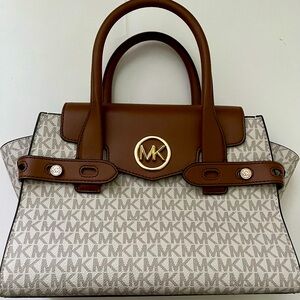 MICHAEL KORS SMALL MONOGRAM CREAM/TAN SATCHEL